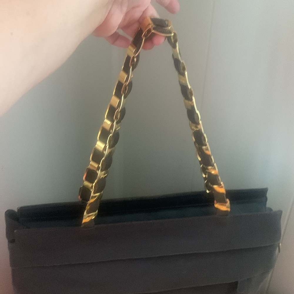 Vintage SALVATORE FERRAGAMO brown Grosgrain Tiered Chain Link leather trim tote - Picture 15 of 16